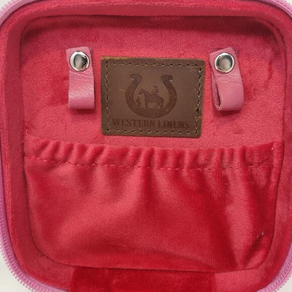 Western Linens Cowhide Leather Square Jewelry Case Box Pink Metallic Silver - Picture 6 of 7